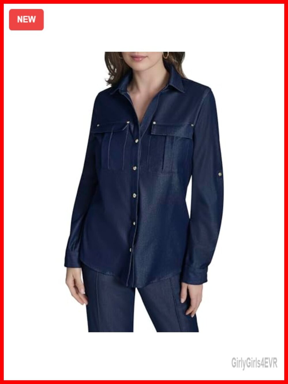 Roll-Tab Sleeve Denim-Like Collared Button Front Top
